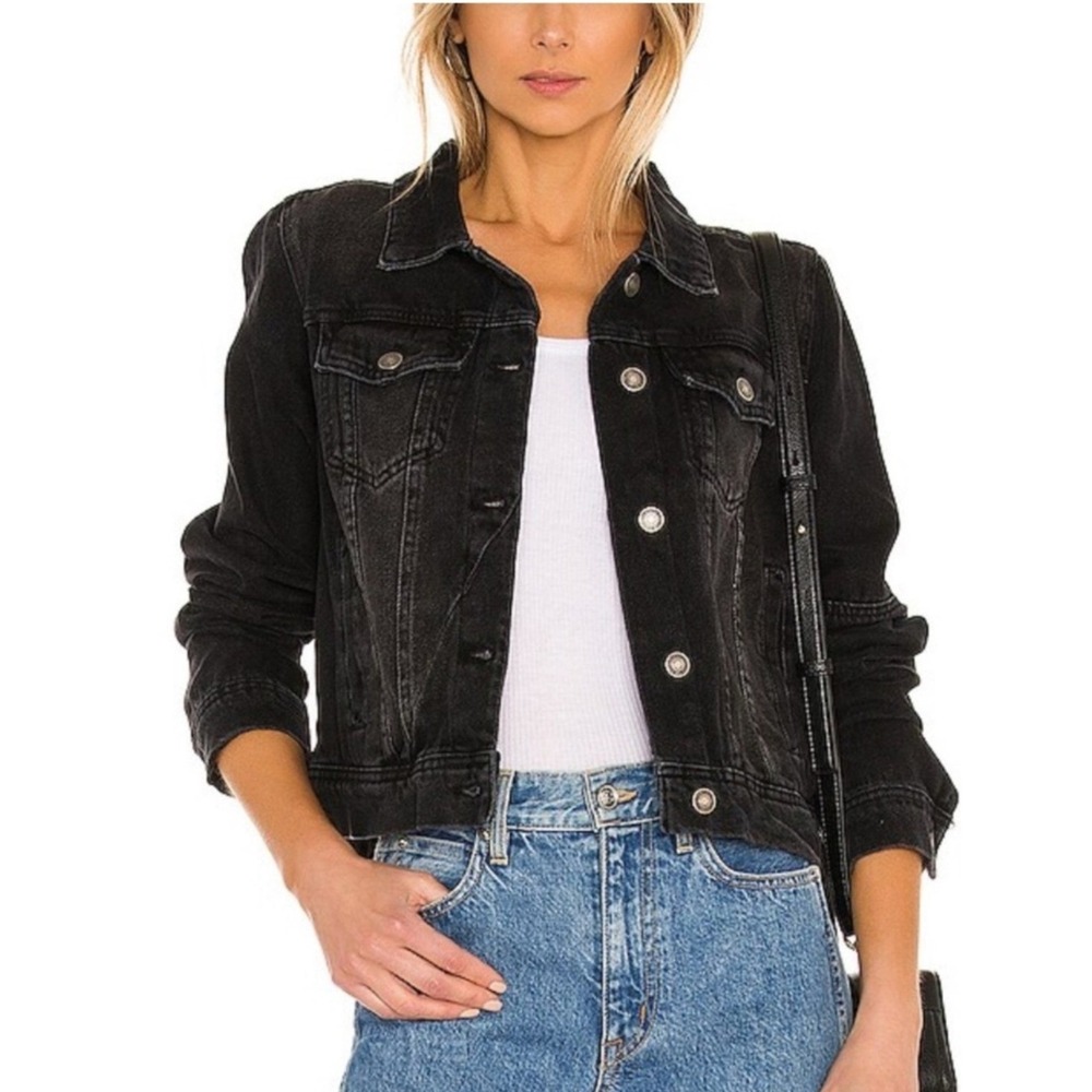 Free People Rumors Black Denim Jacket Washed Distressed Trucker Jean Jacket M